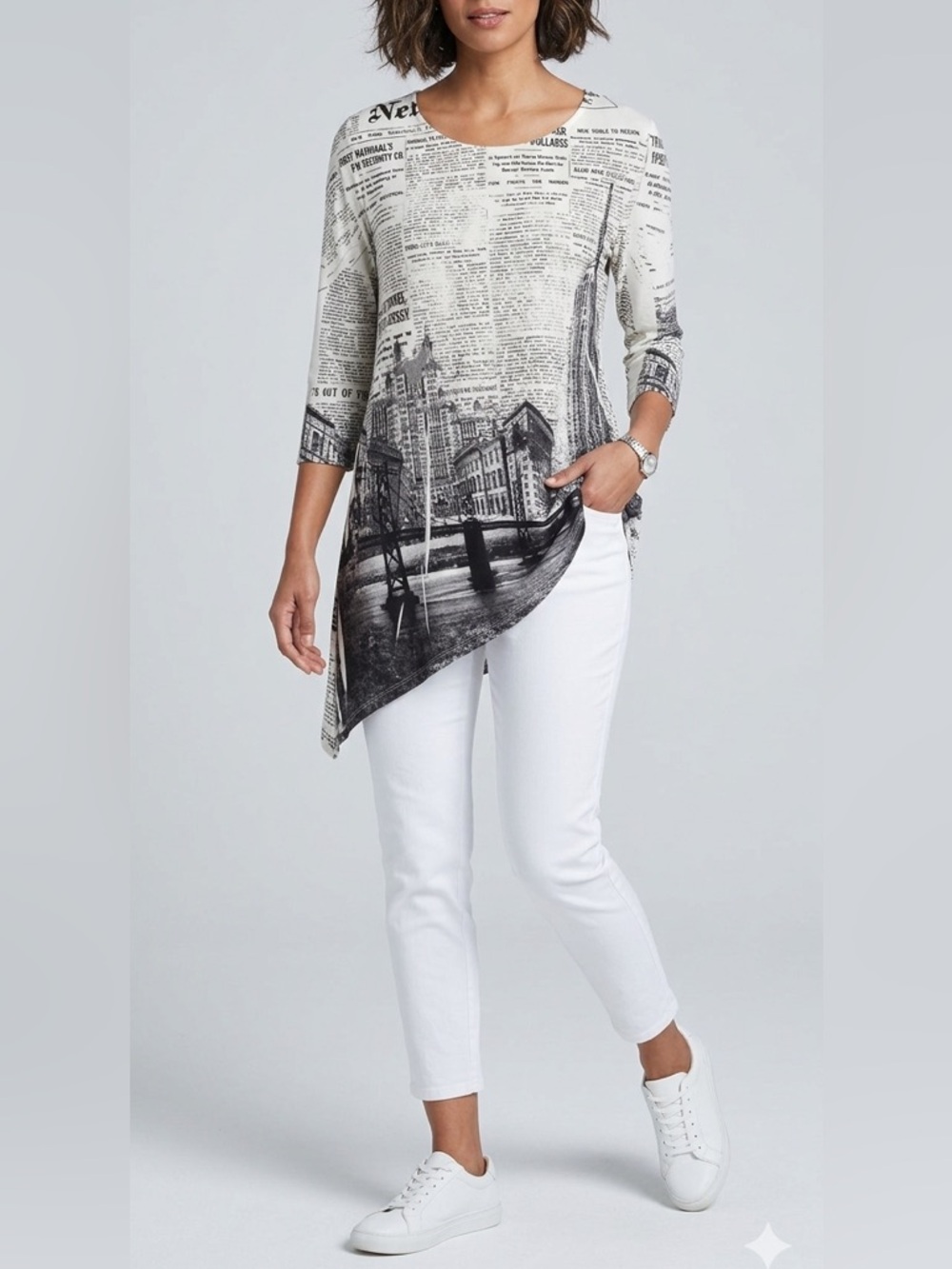 Pretty Woman New York City Newspaper Print Asymmetrical Tunic
